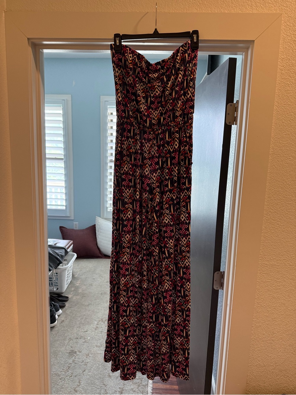 Bobeau Strapless Wide Leg Navy Maxi Jumpsuit Pink & White Aztec Print Large